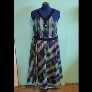 Nell Circle Navy Blue & Green Plaid Swing Dress by Tatyana